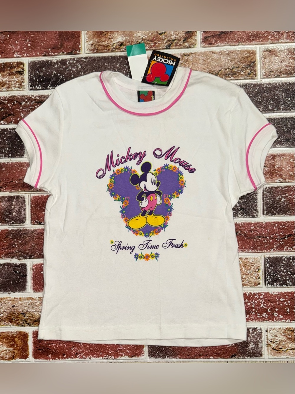 NWT 90s Vintage Mickey Mouse Spring Flower fitted T-shirt Juniors M Disney